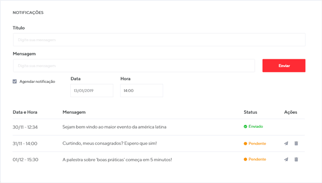 Comunicação e notificações do evento