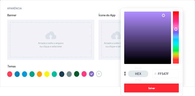 Painel de personalização do app