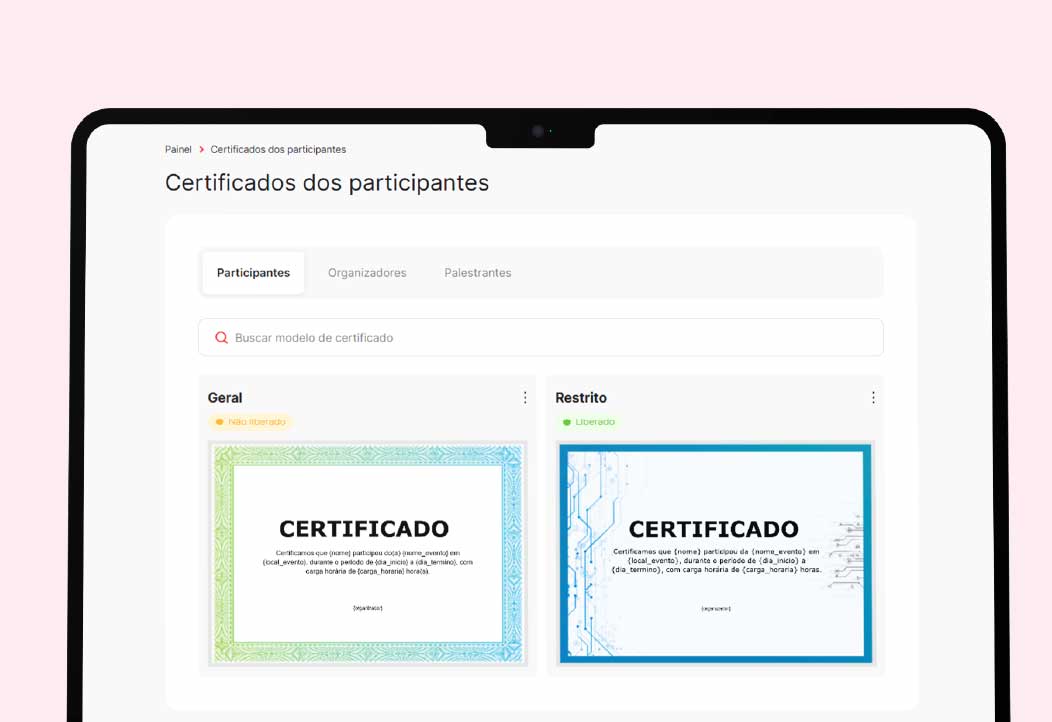 Certificados para diferentes papéis do evento acadêmico