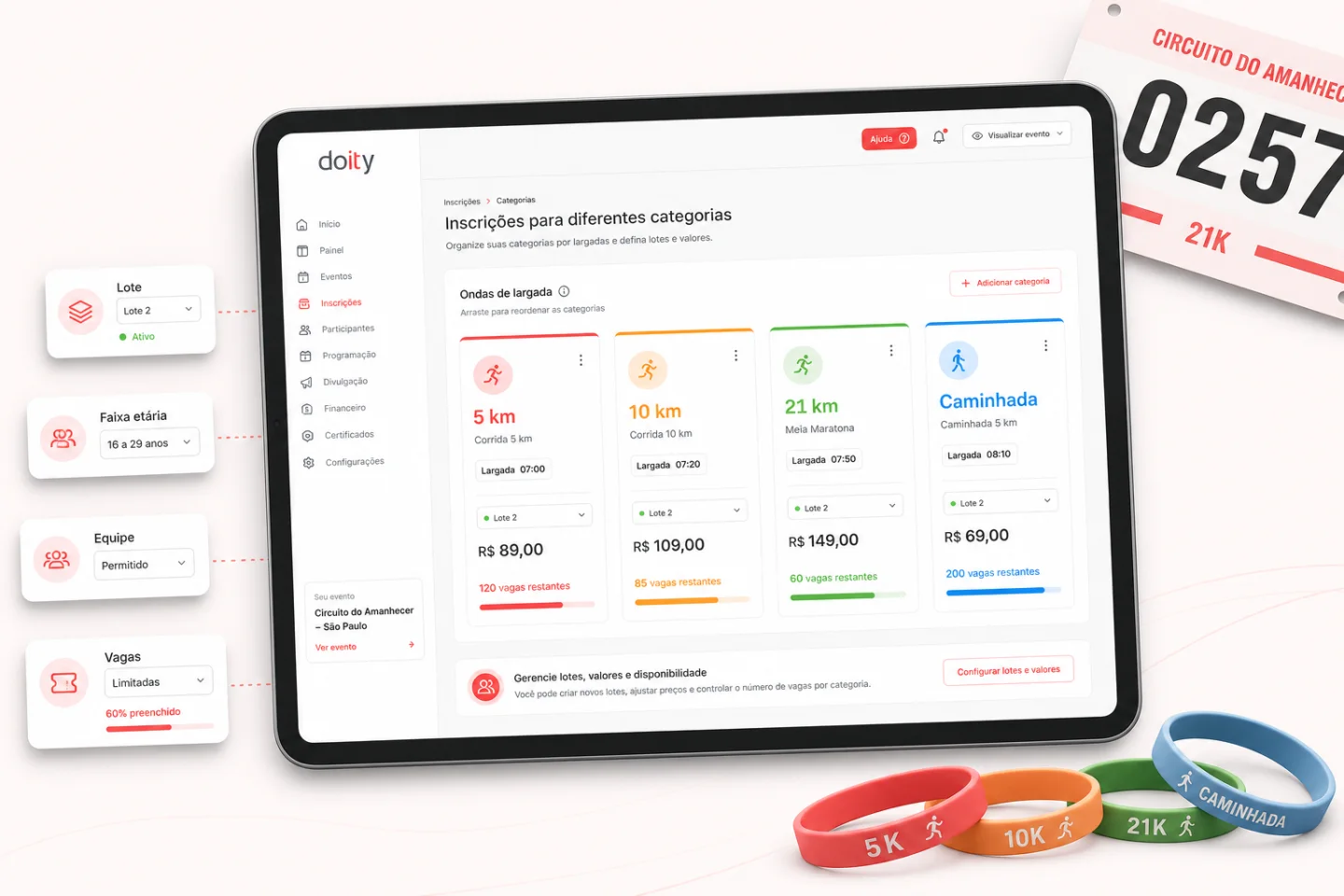 Categorias, lotes e vagas de uma corrida configurados na Doity