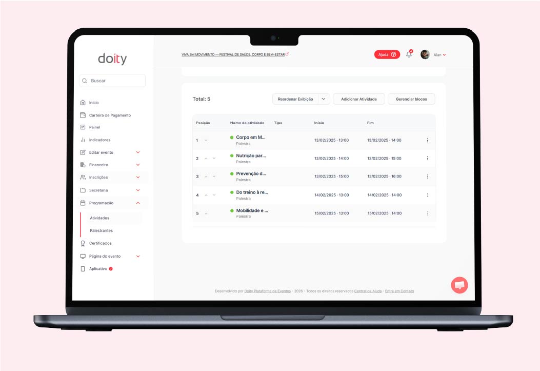 Programação com inscrição em atividades