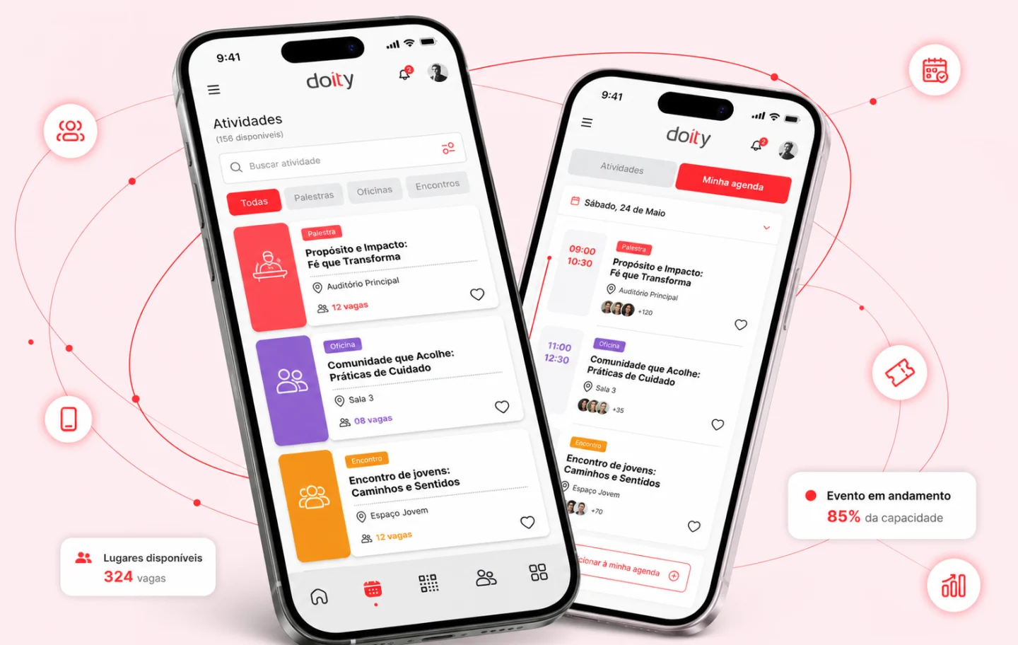Atividades e agenda do participante no aplicativo Doity