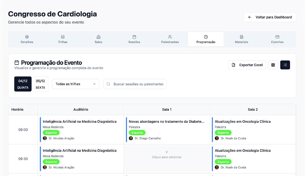 Grade de apresentações da programação científica